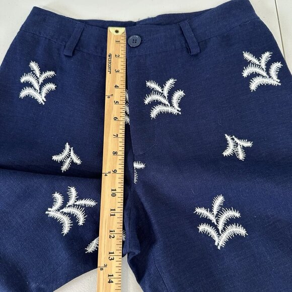 Elie Tahari Wide Leg Pants Size 6 Navy Blue Palm Embroidered Linen - Picture 9 of 11